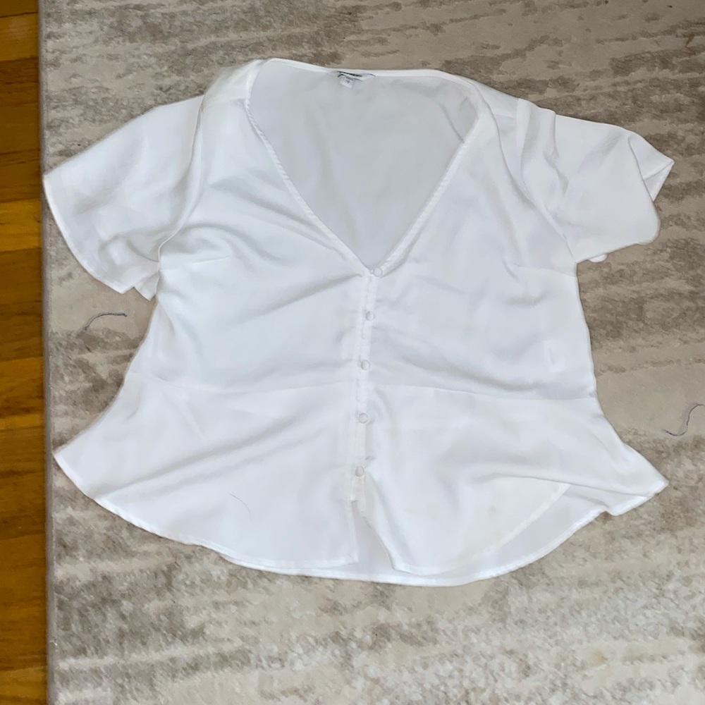 Express satin flounce button down blouse